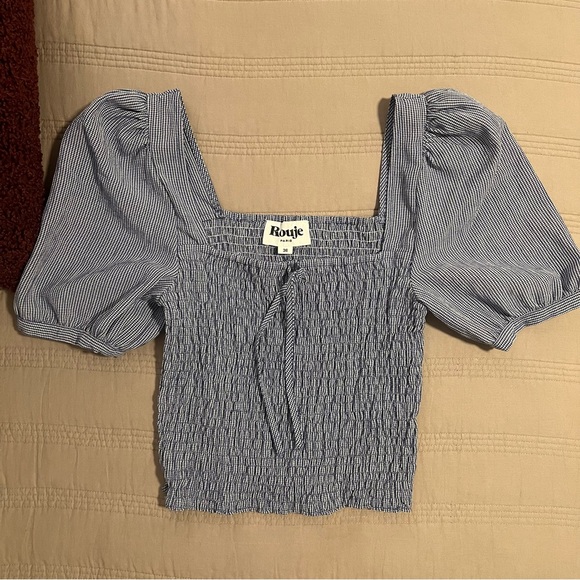 Rouje Katia Navy White Gingham Puff Sleeve Blouse - Picture 2 of 6